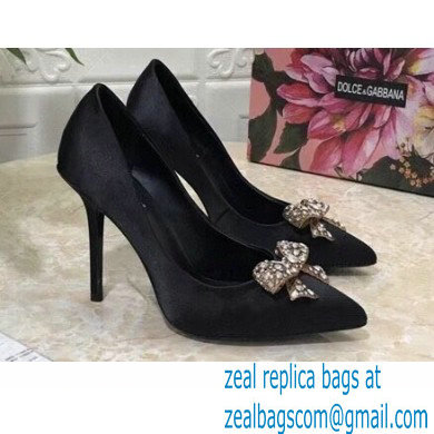 Dolce & Gabbana Heel 10.5cm Satin Pumps Black with Crystal Bow 2021